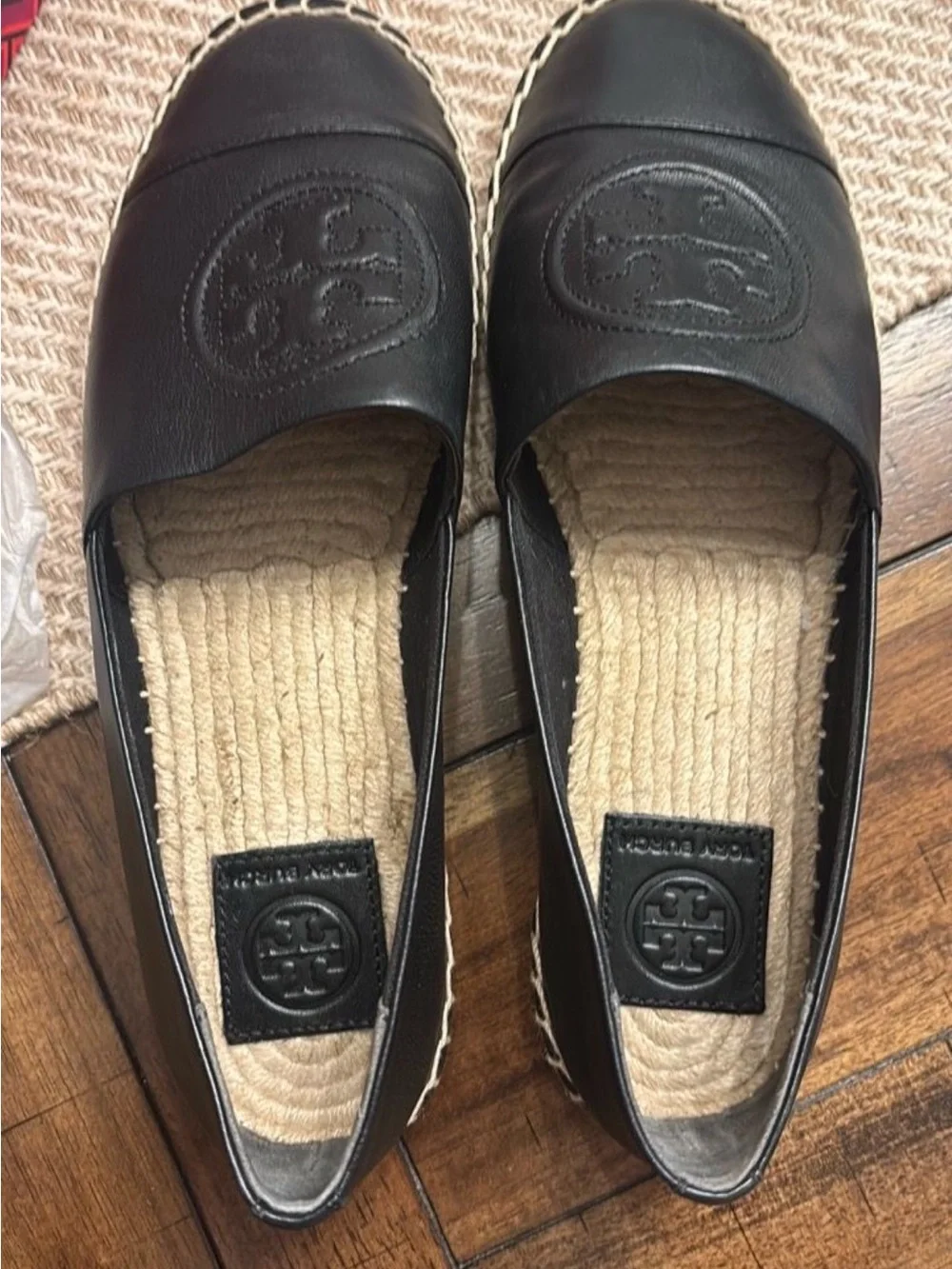 Tory Burch Black Leather Espadrille Slip-On Espadrilles.
